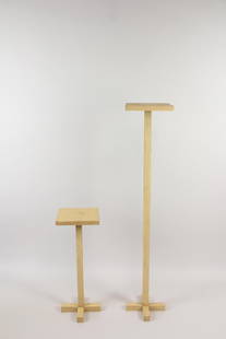 Pair of Minimalist Primitive Crackle Painted Wood Pedestals: Pair of Minimalist Primitive Crackle Painted Wood Display Pedestals. These simple designed handmade pedestals have tan aligatored paint. Dimensions are 20-40 in h x 7.75 in w x 7.75 in d.