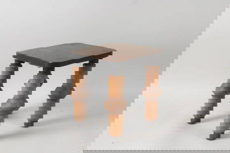 Wooden Stool with Sculptural Chunky Legs: Brutalist Wooden Stool with Sculptural Turned Legs. Unique stool has legs with threaded tops and bottoms; possibly each leg is made from a bobbin, spindle or other industrial part. Top of stool and th