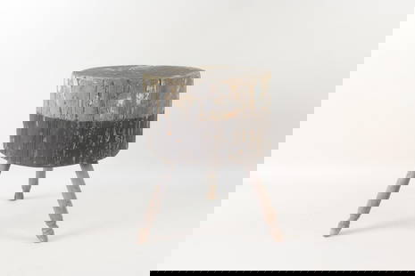 Painted Black and Gray Wood Stump Stool Side Table: Primitive Painted Black and Gray Wood Stump Stool Side Table. This three legged primitive thick stump stool has two toned gray and black paint. Dimensions are 19 in h x 16.5 in w x 16.5 in d. Conditio