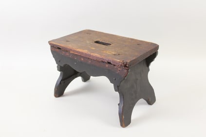 Primitive Painted Wooden Stool with Scalloped Edges