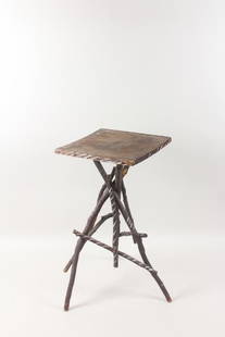 Twig Side Table, Adirondack Folk Art: Primitive Painted Twig Side Table, Adirondack Folk Art. Table has white leaf patterns painted on the top, as well as white stripes on the legs. Top is made from a fruit crate with label still attached
