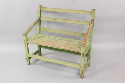 Crackled Green Painted Wood Bench, Minimalist