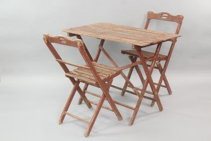 Red Painted Wood Folding Chairs & Table Cafe Set