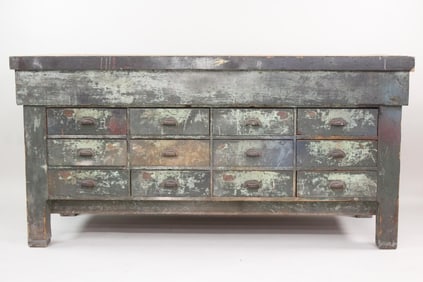 Green Painted Wood Multi-Drawer Workbench Counter
