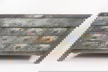 Green Painted Wood Multi-Drawer Workbench Counter
