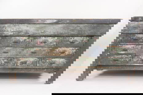 Green Painted Wood Multi-Drawer Workbench Counter: Industrial Green Painted Wood Multi-Drawer Workbench. This has a piece of slate the previous owners had placed on top, not adhered (one large piece and one thin piece). Great height for a counter or i