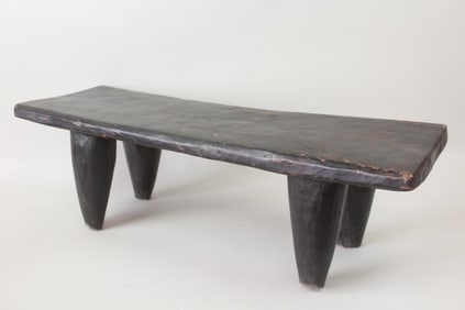 Carved Wood African Senufo Stool Bench, Black Finish