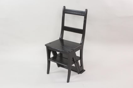 Antique Black Painted Farmhouse Step Ladder & Chair