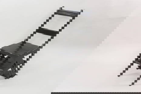 Antique Black Painted Farmhouse Step Ladder & Chair: Antique Black Painted Farmhouse Step Ladder & Chair. This is a nice farm house step ladder that turns into a chair. It is painted black. Dimensions are 35 in h x 15.5 in w x 15.5 in d. Condition is go