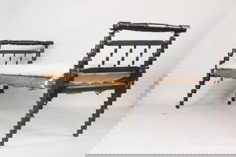 Turned Wood Spindle & Rope Daybed: Primitive Turned Wood Spindle & Rope Daybed. Simple bed with black painted wood spindle frame and ropes supporting the cushion. Cushion is contemporary. Dimensions are 30 in h x 73.5 in w x 24 in d. C