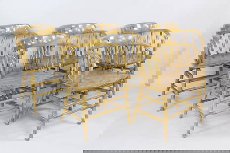 Set of 5 Wooden Firehouse Windsor Chairs: Set of 5 Wooden Firehouse Windsor Chairs. Matching set of Windsor armchair dining chairs. With curved backs and yellow-toned finish. Dimensions are 29.25 in h x 21.5 in w x 22 in d. Condition is good