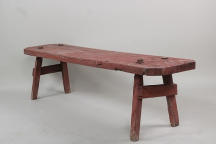 Red Painted Pegleg Plank Bench