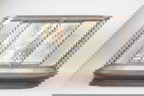 Antique Curved Glass Showcase Store Counter Display Case: Antique Curved Glass Showcase Store Counter Display Case. This is a unique showcase, a floor standing case counter height with curved glass front, amazing it has survived over 100 years. The glass top