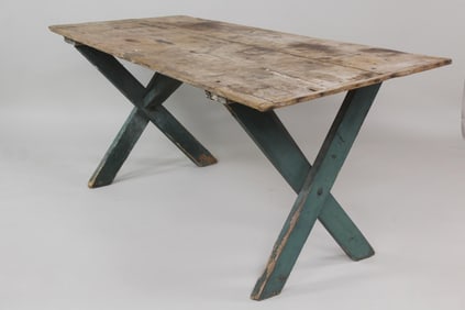 Primitive Green Painted Sawbuck Base Farm Table