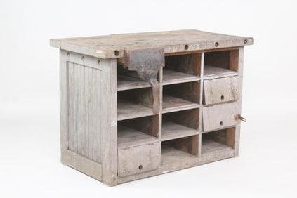 Primitive Industrial Wooden Workbench with Vise & Compartments