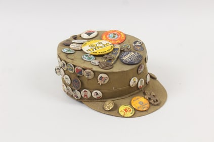 Military Cap Covered in Pinback Buttons incl. WWII Era Kellogg's Pep Cereal Pins