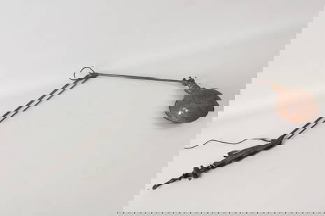 Industrial Dazor Floating Arm Bench Mount Lamp: Industrial Dazor Floating Arm Bench Mount Lamp. This metal light has jointed angles to specify the height and direction of the spotlight shade. Marked on frame as Dazor, Floating Lamp. Dimensions are