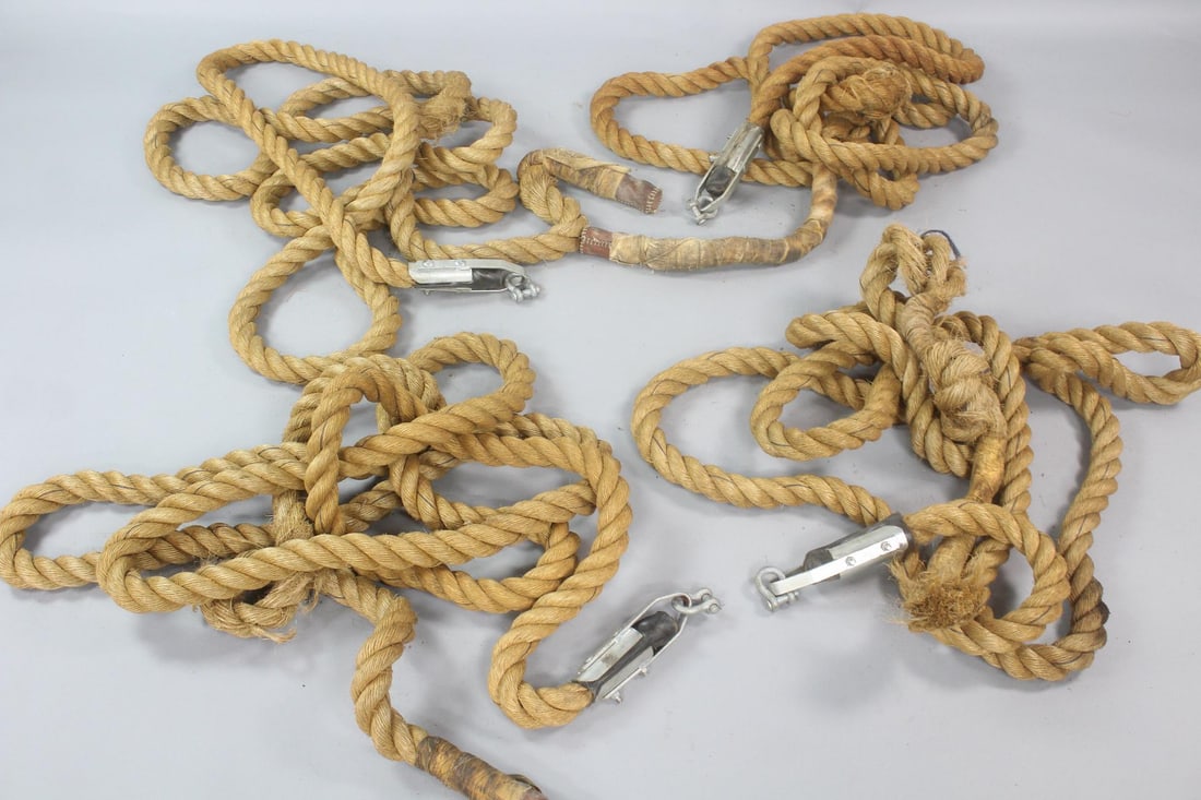Group of 4 Large Thick Nautical Boat Anchoring Ropes: Industrial Group of 4 Large Thick Nautical Boat Anchoring Ropes. These ropes are 1.5 in thick, there are numerous lengths. They may have been used as anchoring ropes, could be from an industrial facto