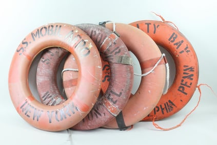 Group of 4 Ringbuoy Life Preservers with Painted Ship Names, Philadelphia, NYC