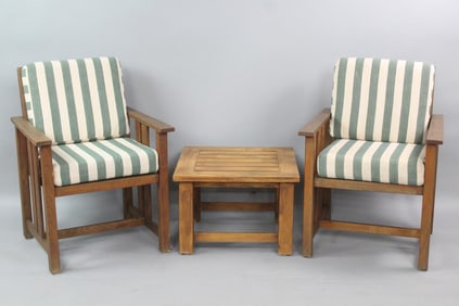 Set of Brown Jordan "Mission Teak" Chairs and Side Table