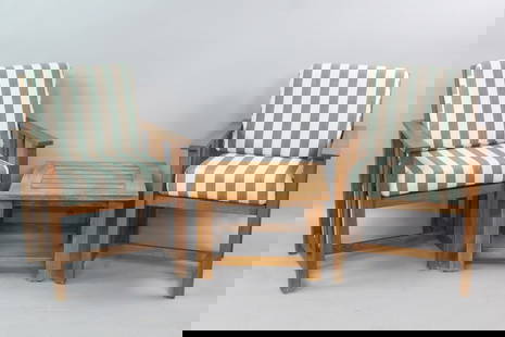Set of Brown Jordan "Mission Teak" Chairs and Side Table: Set of Brown Jordan "Mission Teak" Chairs and Side Table. This set was only used indoors. There are nice striped cushions. In our other auctions is more of this Brown Jordan Teak Furniture. Dimensions