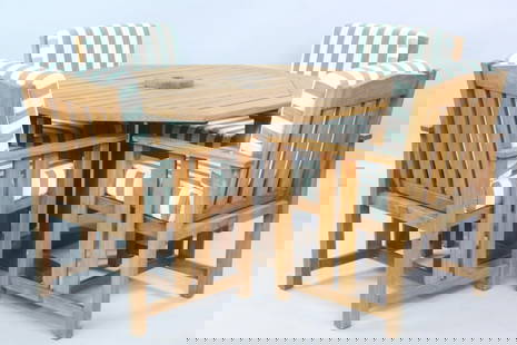 Set of Brown Jordan "Mission Teak" Dining Table and Chairs: Set of Brown Jordan "Mission Teak" Dining Table and Four Chairs. This set was only used indoors. There are nice striped cushions. In our other auctions is more of this Brown Jordan Teak Furniture. Dim