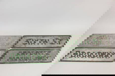 Lot of 4 Cast Aluminum Street & Parking Signs, Broadway & Sixth St: Lot of 4 Street & Parking Signs, Broadway & Sixth St. Four metal signs, all the same size, in gray and green. Includes Broadway, Sixth St, Customer Parking Only and Employee Parking Only. Dimensions a