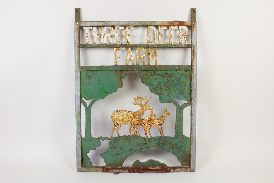 Cut-Out Sheet Metal Sign "Three Deer Farm", Folk Art (1 of 10)