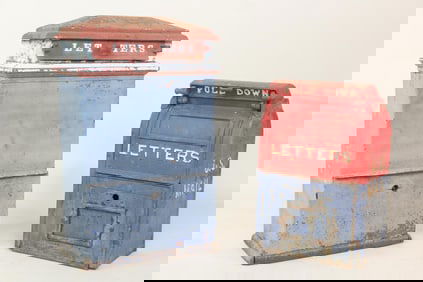 Lot of 2 Red & Blue Painted US Mail Cast Iron Mailboxes
