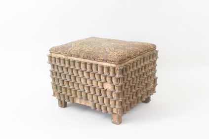 Folk Art Spool Decorated Upholstered Top Stool