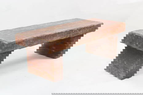 Thick Chunky Minimalist Wood Coffee Table Bench: Thick Chunky Minimalist Wood Coffee Table Bench. This has layers of wood sideways, creating a thick table top and matching thick legs. Could be used as a coffee table or bench. Dimensions are 16 in h