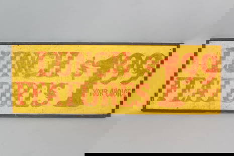 Painted Sign "Lunch Features $1.99" Sign: Painted Sign "Lunch Features $1.99" Sign. This is a nice vintage sign with hand painted lettering on composite board. Nice vibrant colorful sign. Dimensions are 23.25 in h x 67.75 in w x 1 in d. Condi