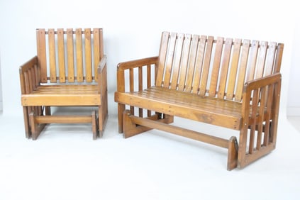 Set of 2 Mid Century Modern Wooden Porch Gliders, Bench & Chair