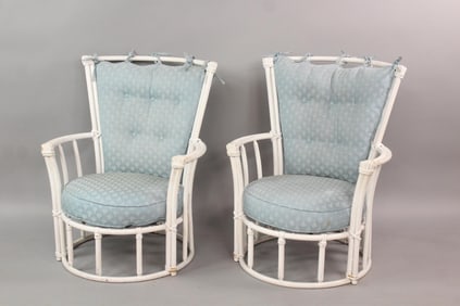 Mid Century Modern Pair of White Painted Bamboo Lounge Chairs