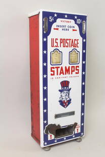 Uncle Sam Victory U.S. Postage Stamps Machine: Victory U.S. Postage Stamps Vending Machine. Red, white and blue porcelain and metal wall mounted US Postal Service stamp vending machine, accepting 5 cents & 10 cents coins. Manufactured by Automatic