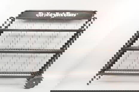New York Times Advertising News Stand Display Shelf, Black: Industrial New York Times Advertising Cart Display Shelf. This is a fantastic black with white lettering, industrial, news stand, display rack for the New York Times. It has two wire shelves, two back