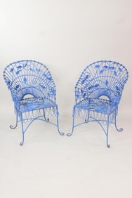 Pair of Victorian Wire Work Vines Garden Chairs, Painted Blue