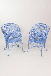 Pair of Victorian Wire Work Vines Garden Chairs, Painted Blue: Pair of Victorian Wire Work Vines Garden Chairs, Painted Blue. This is made of elaborately twisted metal wire and leaf shapes. Dimensions are 0 in h x 0 in w x 0 in d. Condition is good, structurally
