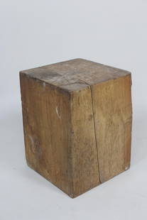Primitive Cubism Blacksmith's Wood Block: Primitive Cubism Blacksmith's Wood Block, Indsutrial Age. Use as a side table this solid chunk of wood has great patina from years of use. Most likely a Blacksmith's block. One end smooth and one end