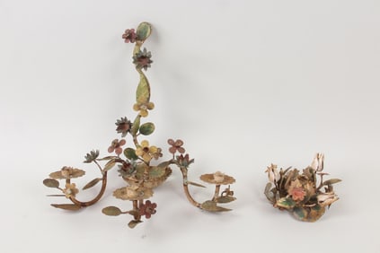 2 Piece Italian Tole Ware Floral Candle Holder & Sconce