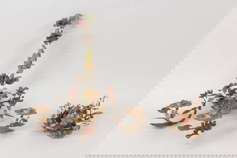 2 Piece Italian Tole Ware Floral Candle Holder & Sconce: 2 Piece Italian Tole Ware Floral Candle Holder & Sconce. Matching metal 3 candle sconce and single holder, both with painted flowers and leaves. Dimensions are 4 in h x 6.75 in w x 6.75 in d and 15 in