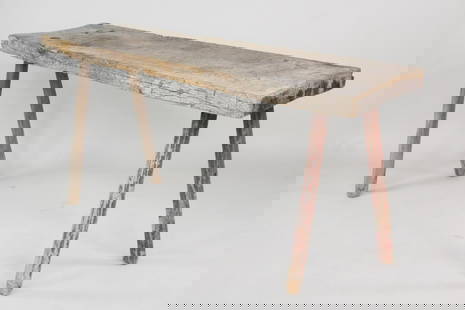 Primitive Wooden Peg Leg Farm Console Table: Primitive Wooden Peg Leg Console Table. Top made from a single slab of wood. Great patina with remnants of red paint on 2 legs. Dimensions are 30.25 in h x 65.5 in w x 20.5 in d. Condition is good wit