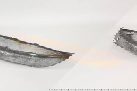 Folk Art Painted Wooden Dug Out Boat Model: Folk Art Painted Wooden Dug Out Boat Model. Model of a dug out wooden boat with black paint. Previously sold at Christie's auction, with tag attached. Dimensions are 6 in h x 10.5 in w x 48.5 in d. Co