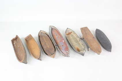 Group of 7 Folk Art Wood & Metal Boat Hull Models