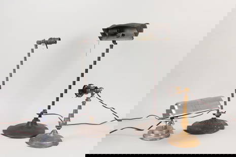 Lot of 4 Industrial Adjustable Lamps, Faries, Emeralite: Lot of 4 Industrial Adjustable Lamps, Faries, Emeralite. This lot of 4 desk table lights includes a short silver metal with wide shade, two tall adjustable arms on bases, one with wide shade, and a sh