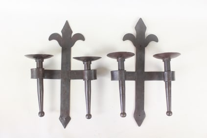 Gothic Medieval Wrought Iron Candelabra Sconces, Fleur de Lit