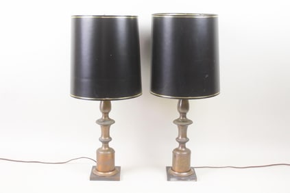 Pair of Turned Brass Lamp with Black Shades, Hollywood Regency