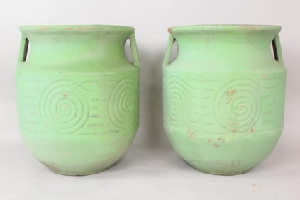 Pair of Large Green Painted Terracotta Garden Planter Urns