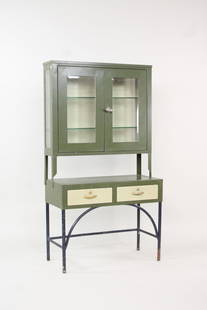 Industrial Green Metal Stepback Medical Cabinet: Industrial Green & Blue Metal & Glass Stepback Medical Cabinet. Metal cabinet with glass front top, 2 glass shelves inside, and base with 2 drawers. Painted green and blue. Dimensions are 65.5 in h x