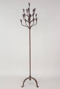 Wrought Iron Standing Floor Candelabra, Manner of Jean Royere: Brutalist Mid-Century Modern Wrought Iron 16 Candle Holder Tree Candelabra, Manner of Jean Royere. Striking large standing candelabra, with 16 conical holders and tripod base. Dimensions are 71.5 in h